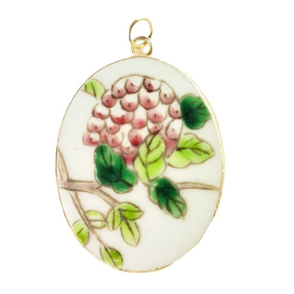 Vintage Hand‎ Painted Porcelain Floral Pottery Shard Pendant Pink Green White